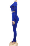 Blue Sexy Solid Patchwork V Neck Long Sleeve Regular Sleeve Short Two Pieces