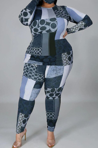 Bébé Bleu Mode Style Britannique Imprimé Adulte Split Joint O Cou Plus La Taille