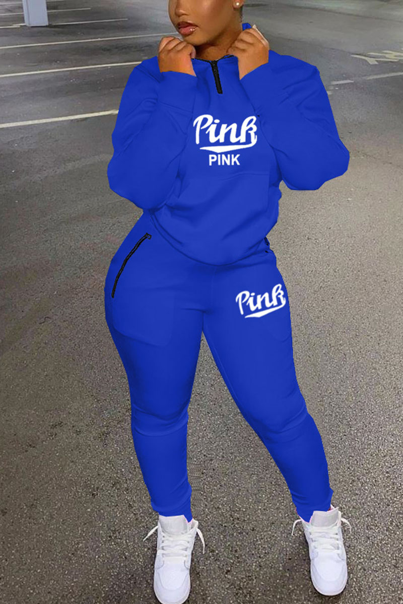 

Blue Fashion Sportswear Adult Letter Print O Neck Two Pieces
