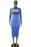 Blue Fashion Casual Adult Print Patchwork O Neck Long Sleeve Knee Length A Line Dresses
