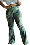 Pantaloni dritti piegati strappati con stampa mimetica sexy verde militare