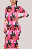Pink Fashion Casual Adult Print Patchwork O Neck Long Sleeve Knee Length A Line Dresses