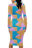 Yellow Fashion Casual Adult Print Patchwork O Neck Long Sleeve Knee Length A Line Dresses