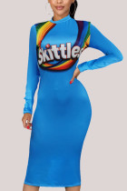 Blue Fashion Casual Adult Polyester Print Split Joint O Neck Long Sleeve Knee Length A Line Dresses