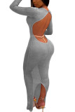 Серебряные модные сексуальные взрослые однотонные платья с открытой спиной и круглым вырезом, длинными рукавами, длиной до пола, юбка-карандаш, платья