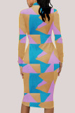 Yellow Fashion Casual Adult Print Patchwork O Neck Long Sleeve Knee Length A Line Dresses