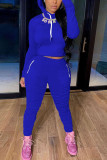 Royal blue Fashion Sexy Adult Solid Patchwork Fold Hooded Collar Long Sleeve Regular Sleeve Regular Two Pieces