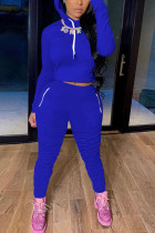 Royal blue Fashion Sexy Adult Polyester Solid Split Joint Fold Hooded Collar Long Sleeve Regular Sleeve Regular Two Pieces