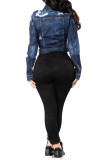 Blue Fashion Sexy Adult Solid Turndown Collar Long Sleeve Skinny Ripped Denim Jackets