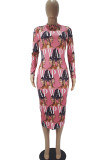 Pink Fashion Casual Adult Print Patchwork O Neck Long Sleeve Knee Length A Line Dresses