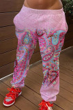 Calças estampadas adultas casuais moda rosa calças retas