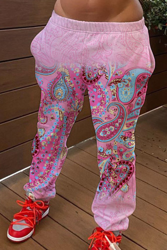 Pink Fashion Casual Adult Polyester Print Pants Straight Bottoms