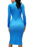 Blauwe mode casual volwassen print patchwork O-hals lange mouw knielengte A-lijn jurken