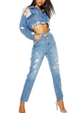 Blue Fashion Sexy Adult Solid Turndown Collar Long Sleeve Regular Ripped Cropped Denim Jackets