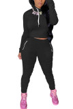Black Fashion Sexy Adult Solid Patchwork Fold Hooded Collar Long Sleeve Regular Sleeve Regular Two Pieces