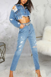 Синий модный сексуальный взрослый сплошной рваный отложной воротник с длинным рукавом из обычной джинсовой ткани