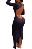 Черные модные сексуальные взрослые однотонные платья с открытой спиной и круглым вырезом с длинным рукавом длиной до пола, юбка-карандаш, платья