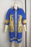 Синий сексуальный принт в стиле пэчворк с отложным воротником и длинным рукавом мини-платья трапециевидной формы
