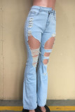 Синяя однотонная рваная джинсовая ткань Sweet со средней посадкой