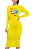 Robes jaunes décontractées pour adultes, imprimé Patchwork, col rond, manches longues, longueur aux genoux, robes trapèze