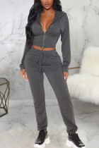 Grey Fashion Sexy Adult Solid Patchwork Hooded Collar Long Sleeve Regular Sleeve Short Two Pieces