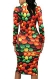 multicolorido moda casual adulto estampado patchwork gola redonda manga comprida na altura do joelho vestidos linha a