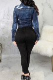 Blue Fashion Sexy Adult Solid Turndown Collar Long Sleeve Skinny Ripped Denim Jackets