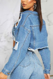 Blue Fashion Sexy Adult Solid Turndown Collar Long Sleeve Regular Ripped Cropped Denim Jackets