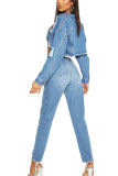 Colarinho azul fashion sexy adulto rasgado manga longa jeans regular