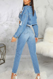 Синий модный сексуальный взрослый сплошной рваный отложной воротник с длинным рукавом из обычной джинсовой ткани