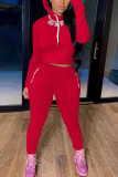 Red Fashion Sexy Adult Solid Patchwork Fold Hooded Collar Long Sleeve Regular Sleeve Regular Two Pieces