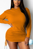 Orange Sexy solide Patchwork pli à capuche col à manches longues Mini jupe crayon robes