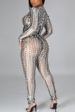 Silver Fashion Street Adult Solid See-through O Neck Skinny Jumpsuits