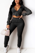 Black Fashion Casual Adult Flocking Solid Draw String Hooded Collar Long Sleeve Regular Sleeve Short Two Pieces