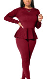 rose red Casual Solid Bandage Make Old Flounce O Neck Long Sleeve Regular Sleeve Regular Two Pieces