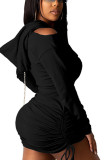 Mini jupe crayon noire Sexy, couleur unie, col à capuche pliable, manches longues, robes