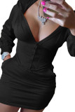 Zwarte mode casual volwassen effen patchwork kraag met capuchon, lange mouwen, mini-jurken met lange mouwen