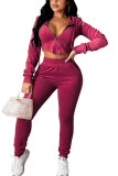 Wine Red Fashion Casual Adult Flocking Solid Draw String Hooded Collar Long Sleeve Regular Sleeve Short Two Pieces