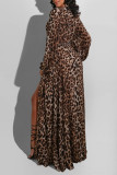 Leopardenmuster im britischen Stil mit Leopardenmuster und V-Ausschnitt, langärmlige, bodenlange A-Linien-Kleider