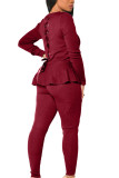 rose red Casual Solid Bandage Make Old Flounce O Neck Long Sleeve Regular Sleeve Regular Two Pieces