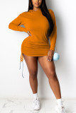 Orange Sexy solide Patchwork pli à capuche col à manches longues Mini jupe crayon robes