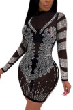 Black Fashion Sexy Adult Patchwork See-through Sequined O Neck Long Sleeve Knee Length Wrapped Skirt Dresses