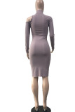 Dark Gray Fashion Sexy Adult Solid Pullovers Half A Turtleneck Long Sleeve Knee Length One-piece Suits Dresses