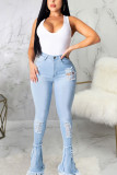 Baby Blue Sexy Solid High Waist Boot Cut Distressed Ripped Denim Jeans