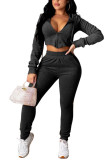 Black Fashion Casual Adult Flocking Solid Draw String Hooded Collar Long Sleeve Regular Sleeve Short Two Pieces