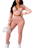 Pink Fashion Casual Adult Flocking Solid Draw String Hooded Collar Long Sleeve Regular Sleeve Short Two Pieces