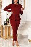 Wine Red Fashion Celebrities Adult Solid Bandage Flounce O Neck Long Sleeve Regular Sleeve Regular Two Pieces