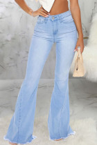 Calça jeans sólida moda sexy azul bebê cintura alta com corte de bota