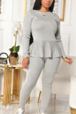 Blue Casual Solid Bandage Make Old Flounce O Neck Long Sleeve Regular Sleeve Regular Two Pieces