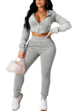 Grey Fashion Casual Adult Flocking Solid Draw String Hooded Collar Long Sleeve Regular Sleeve Short Two Pieces